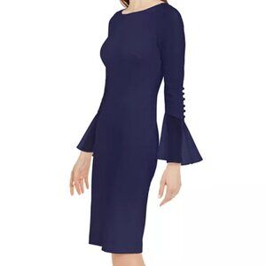 Calvin Klein Chiffon-Bell-Sleeve Sheath Dress (Indigo) | NWT, size 16